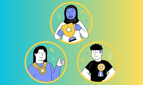 A cartoon of three people with awards