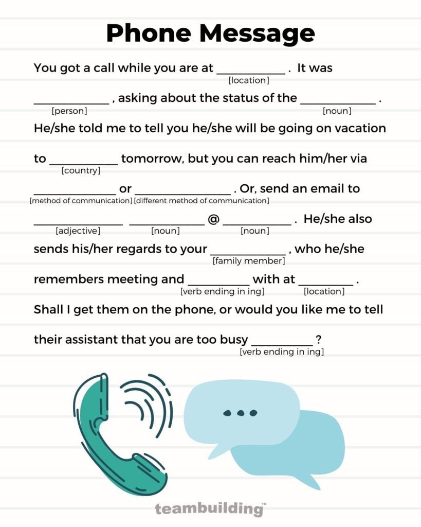 Phone Message Admin Day Mad Lib Game