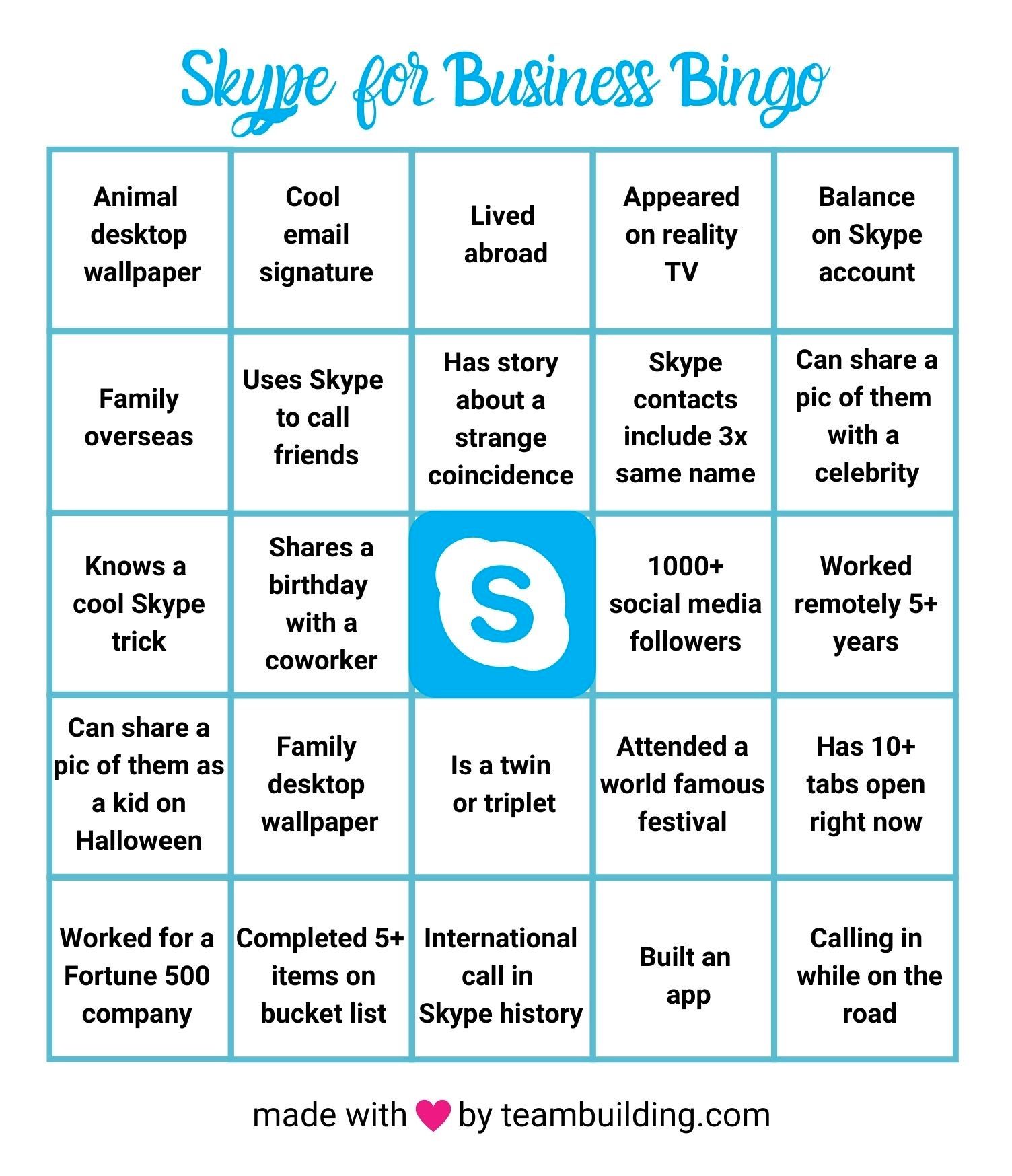 Skype for Business Bingo Card