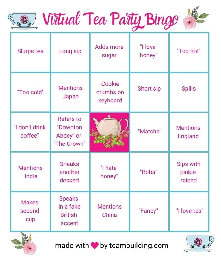 Virtual tea party Bingo template