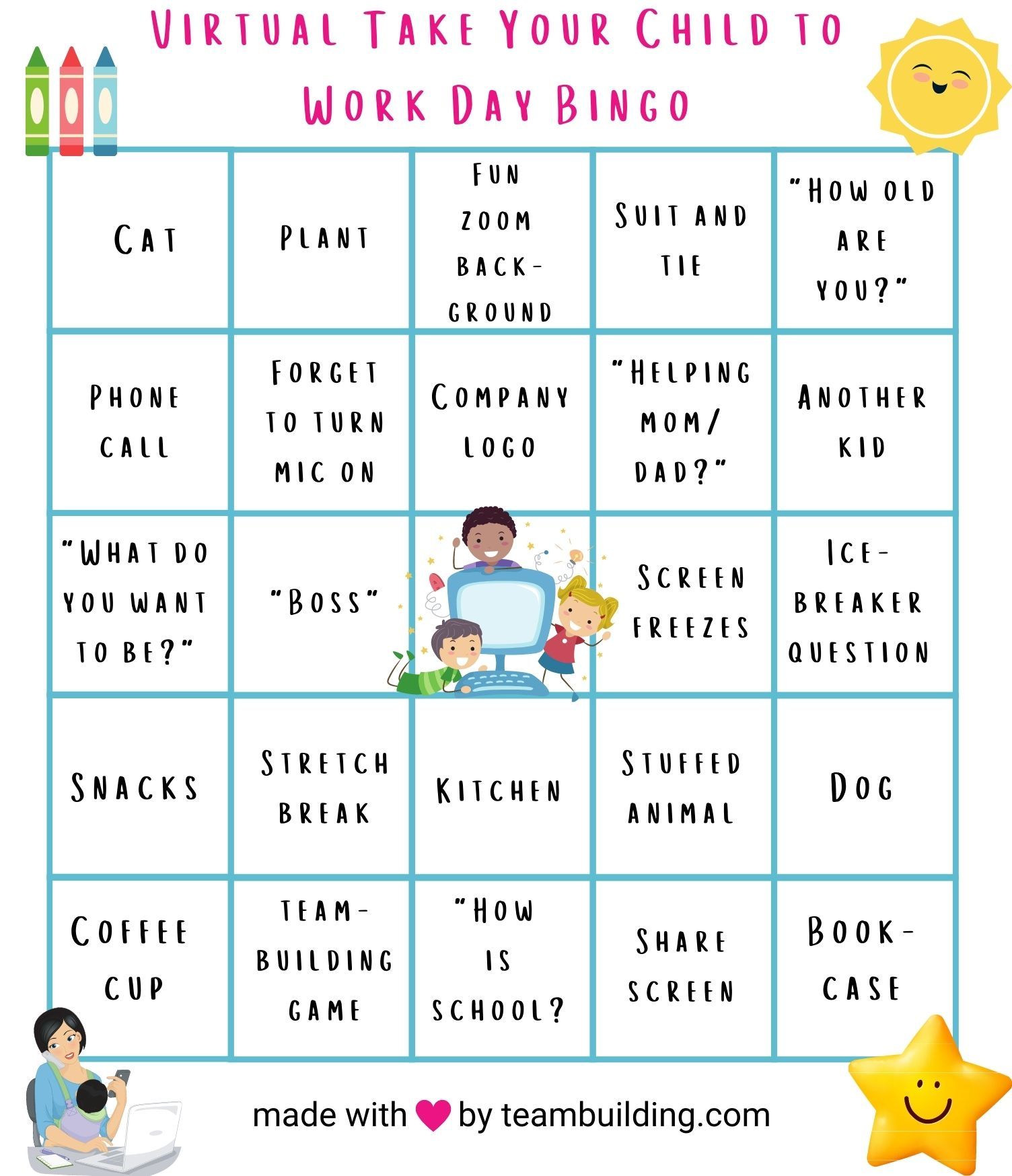 Virtual Take Your Kid to Work Bingo Card