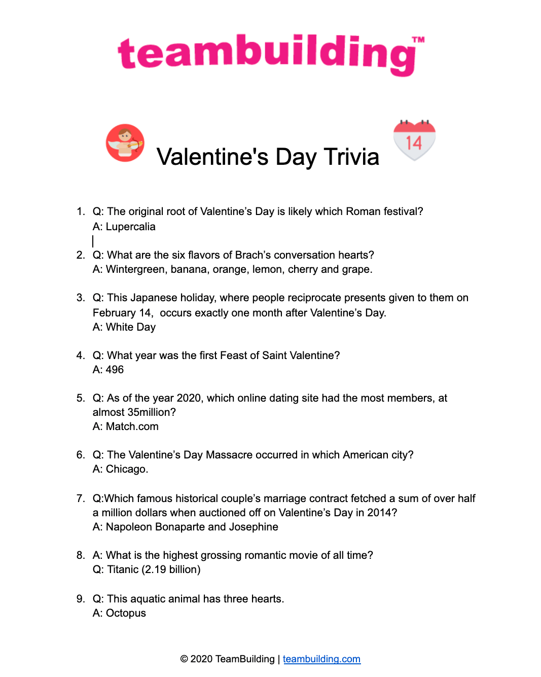 List of Valentine's themed trivia questions