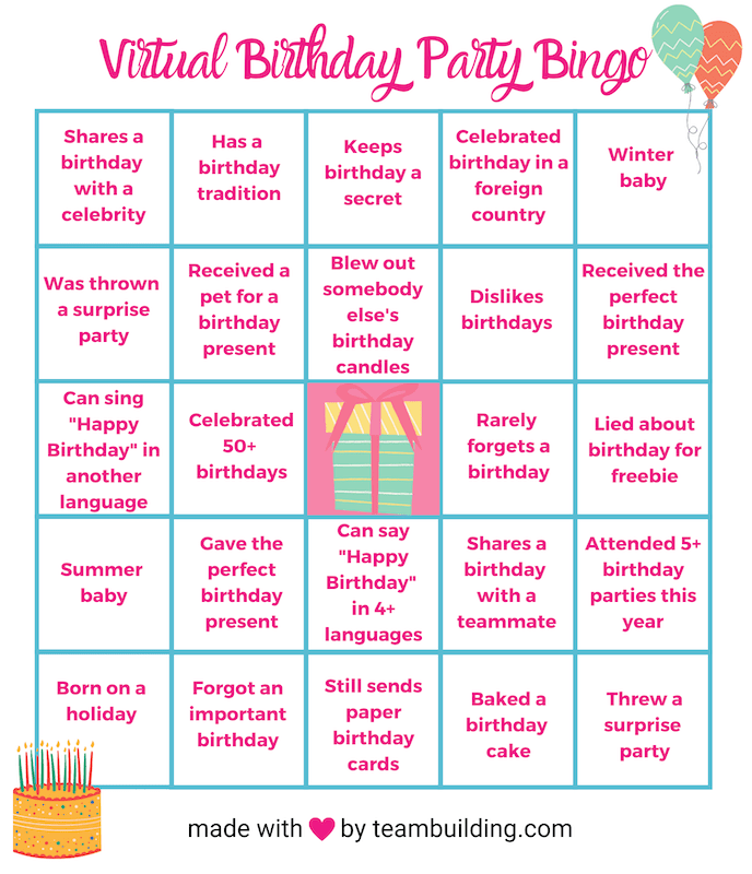 Virtual Birthday Party Bingo template